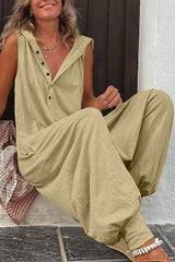 Casual Solid Buckle Hooded Collar Loose Jumpsuits