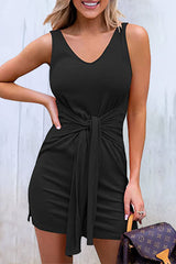 Casual Simplicity Solid Fold Asymmetrical V Neck Vest Dress Dresses(6 Colors)