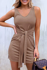 Casual Simplicity Solid Fold Asymmetrical V Neck Vest Dress Dresses(6 Colors)