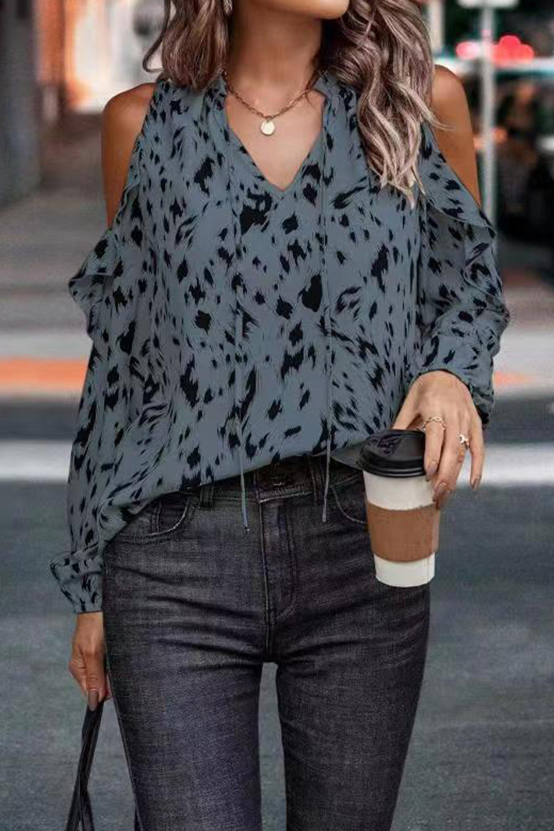 Work Elegant Print Frenulum V Neck Tops(6 Colors)