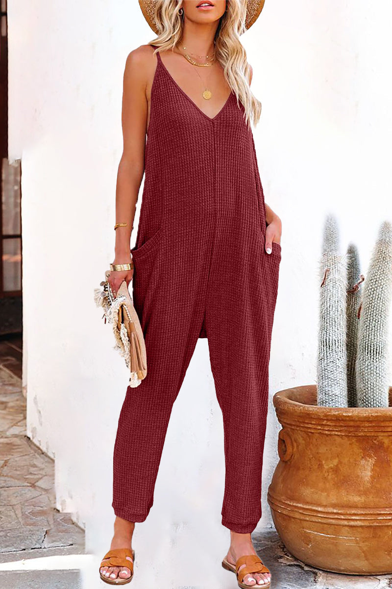 Casual Solid Solid Color V Neck Loose Jumpsuits(5 Colors)