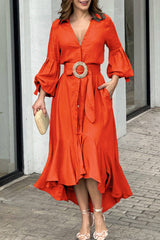 Casual Solid Patchwork With Belt V Neck Long Sleeve Dresses