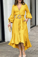 Casual Solid Patchwork With Belt V Neck Long Sleeve Dresses
