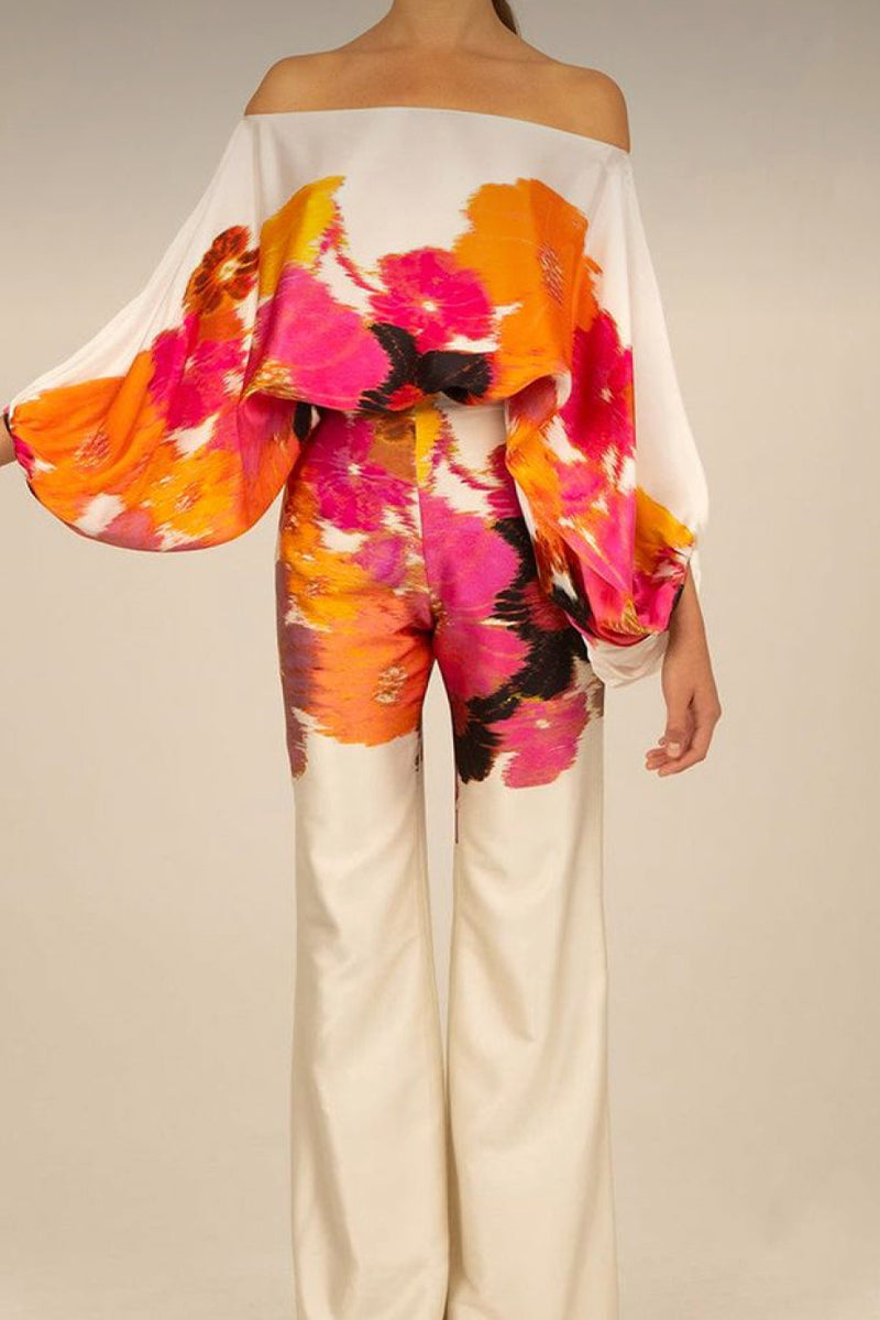 Casual Elegant Print Patchwork Off the Shoulder Long Sleeve Two Pieces