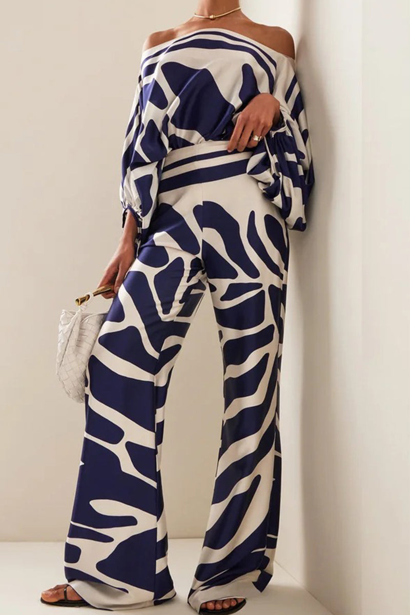 Casual Elegant Print Patchwork Off the Shoulder Long Sleeve Two Pieces