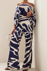 Casual Elegant Print Patchwork Off the Shoulder Long Sleeve Two Pieces