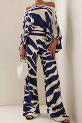 Casual Elegant Print Patchwork Off the Shoulder Long Sleeve Two Pieces
