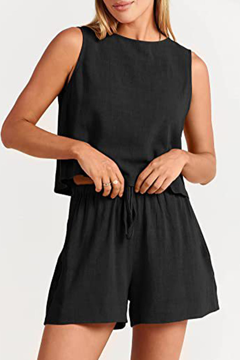 Casual Simplicity Solid Frenulum O Neck Sleeveless Two Pieces