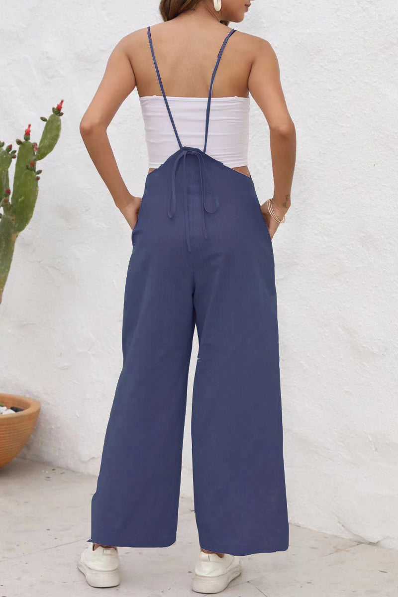Casual Daily Simplicity Solid Frenulum U Neck Loose Jumpsuits