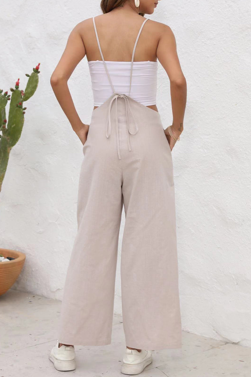 Casual Daily Simplicity Solid Frenulum U Neck Loose Jumpsuits