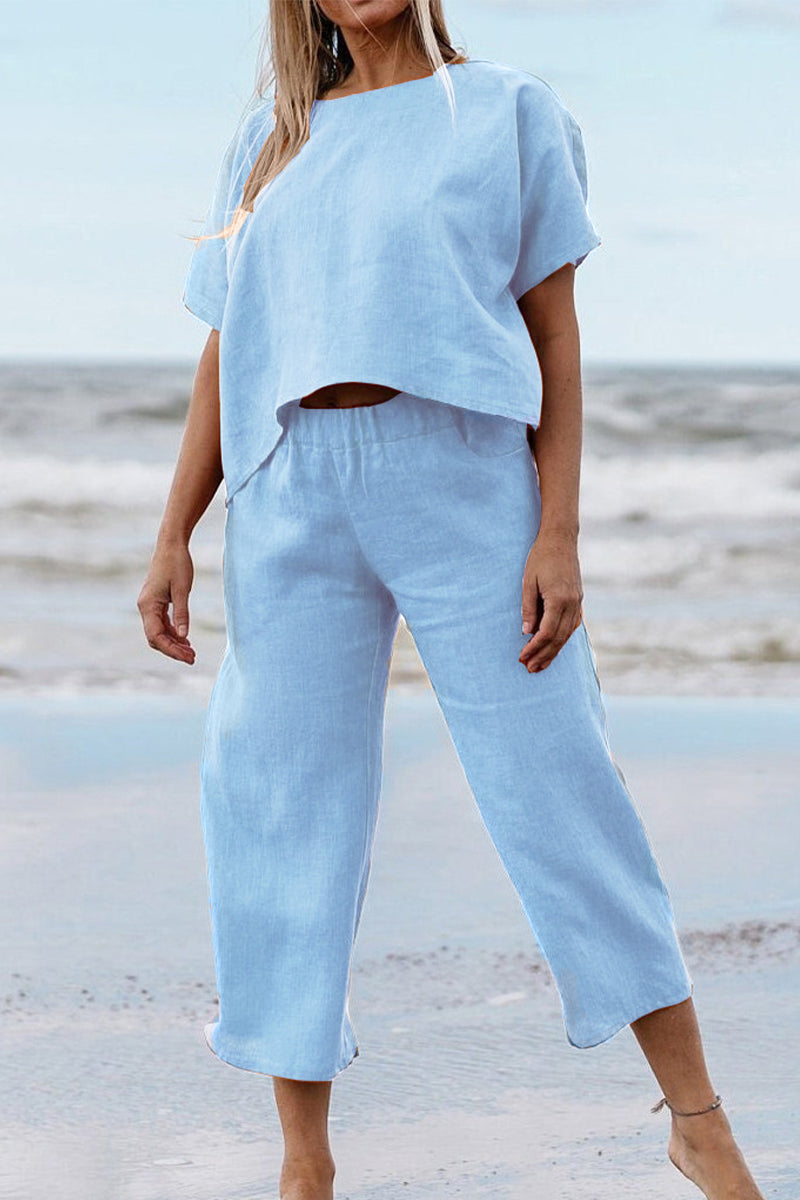 Casual Solid Solid Color O Neck Short Sleeve Two Pieces