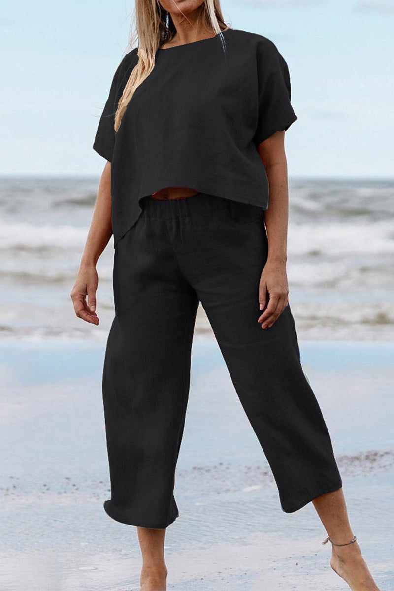 Casual Solid Solid Color O Neck Short Sleeve Two Pieces