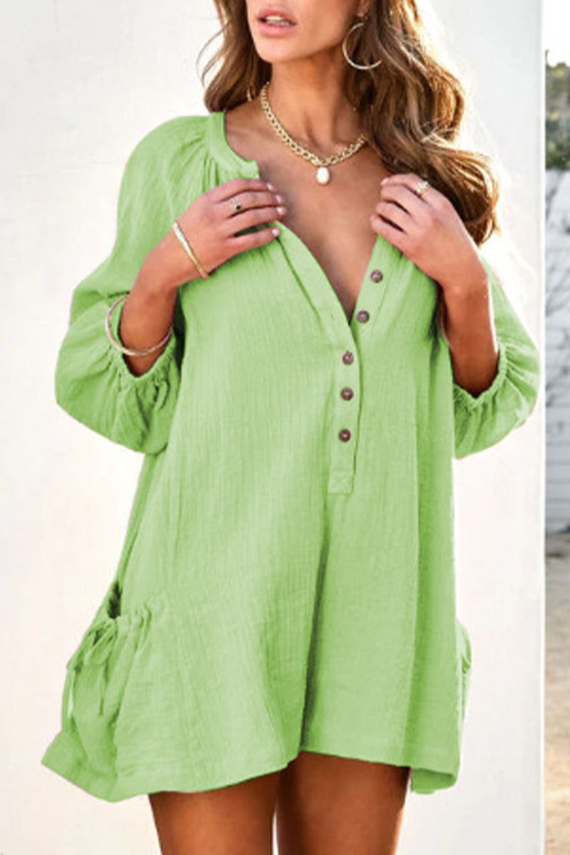 Casual Simplicity Solid Pocket V Neck Loose Jumpsuits