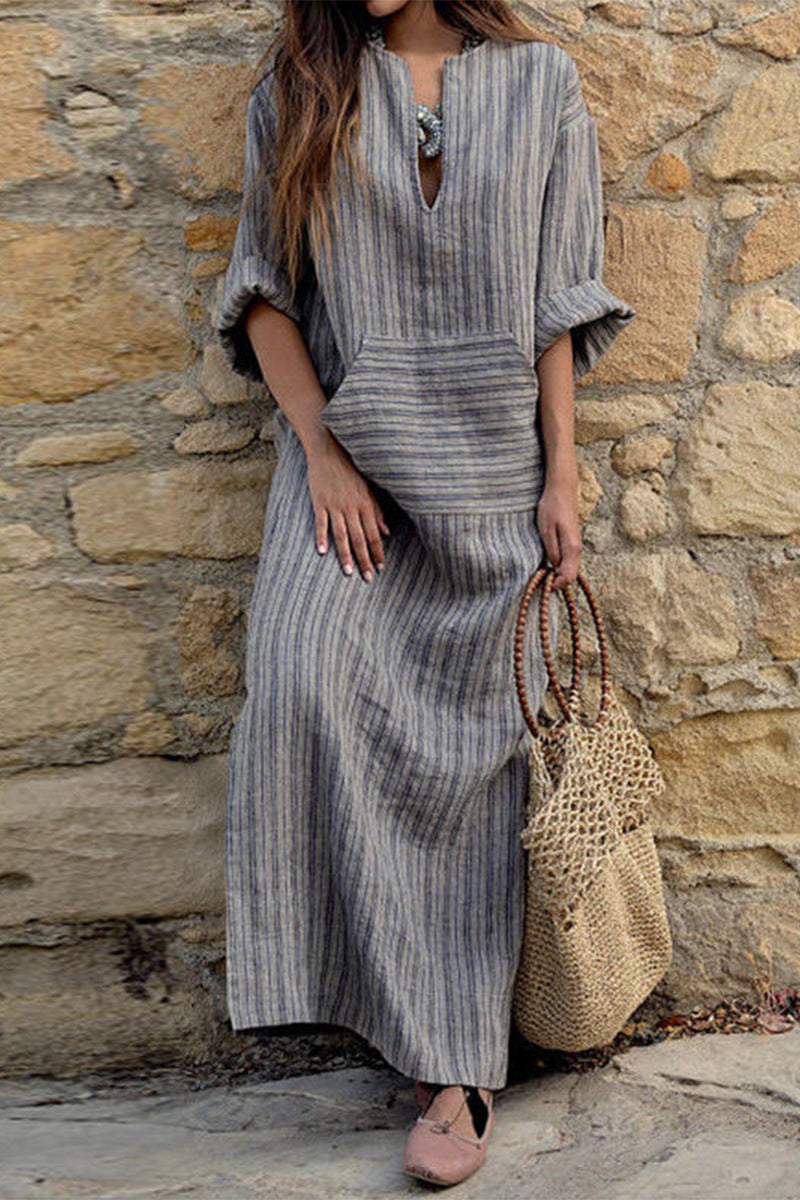 Casual College Striped Patchwork V Neck One Step Skirt Dresses