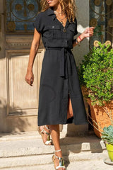 Casual Simplicity Solid Frenulum Turndown Collar Shirt Dress Dresses