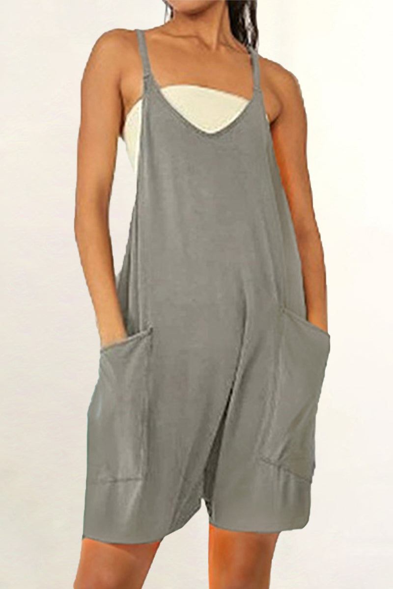 Casual Daily Solid Pocket V Neck Loose Jumpsuits