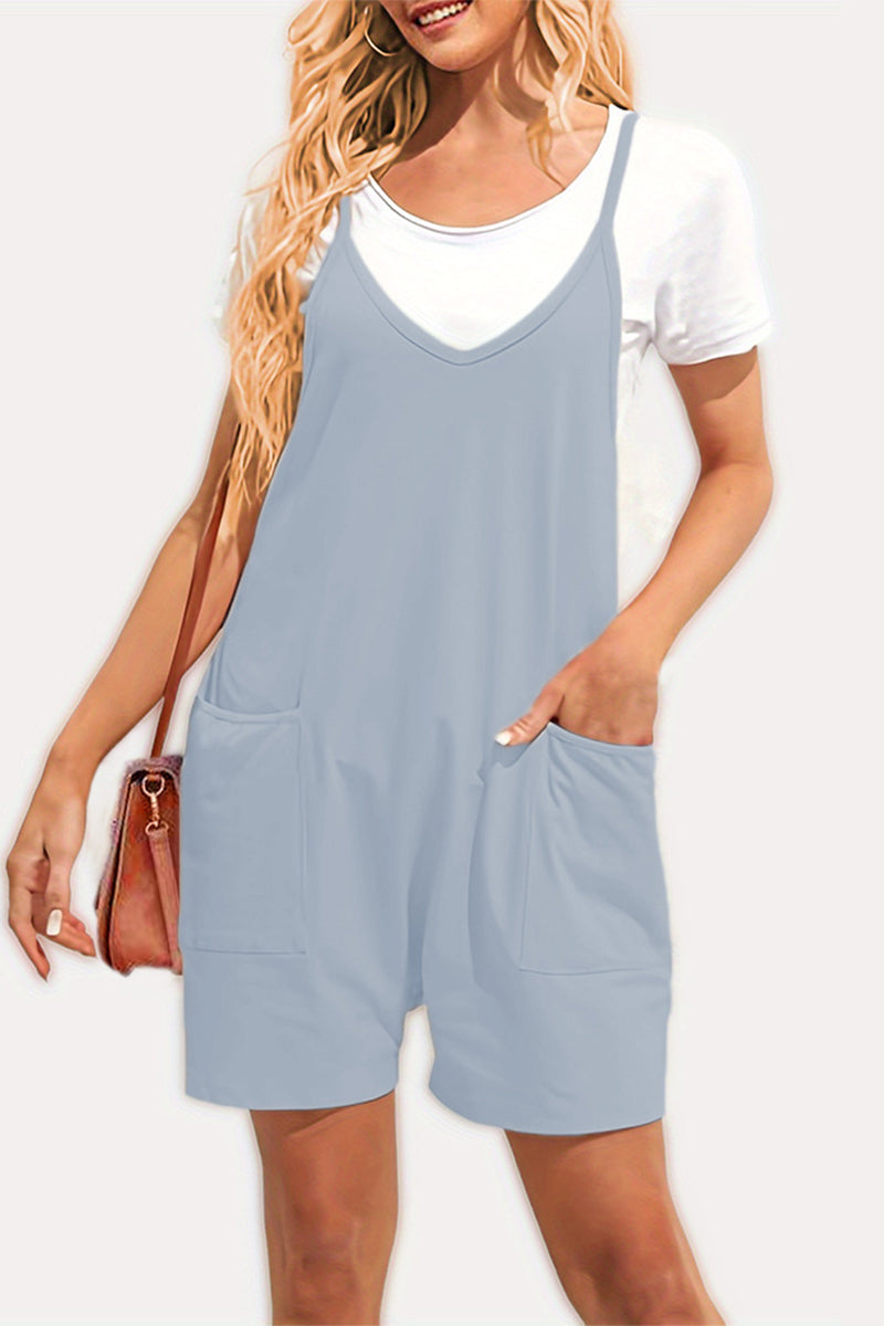 Casual Daily Solid Pocket V Neck Loose Jumpsuits