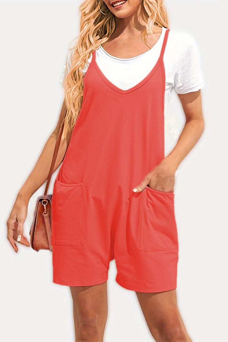 Casual Daily Solid Pocket V Neck Loose Jumpsuits