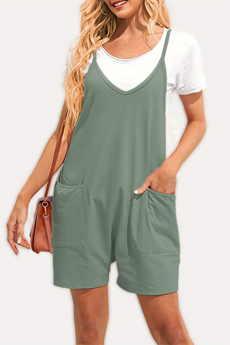 Casual Daily Solid Pocket V Neck Loose Jumpsuits