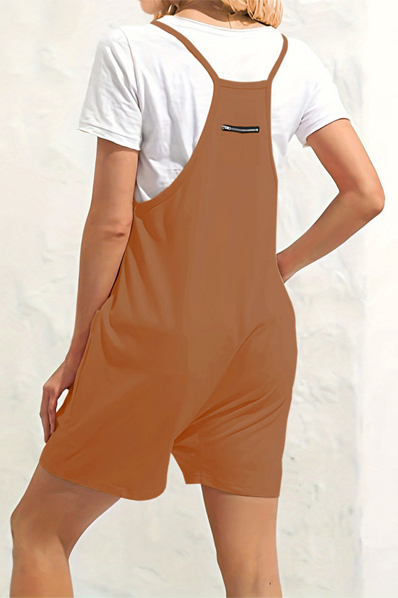 Casual Daily Solid Pocket V Neck Loose Jumpsuits