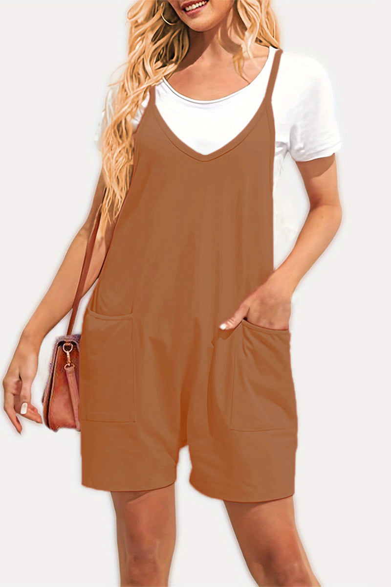 Casual Daily Solid Pocket V Neck Loose Jumpsuits