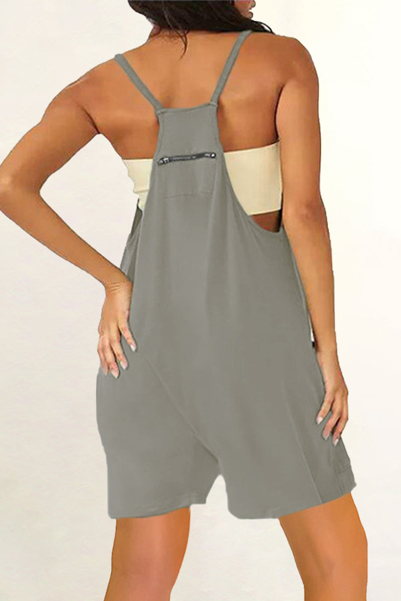 Casual Daily Solid Pocket V Neck Loose Jumpsuits