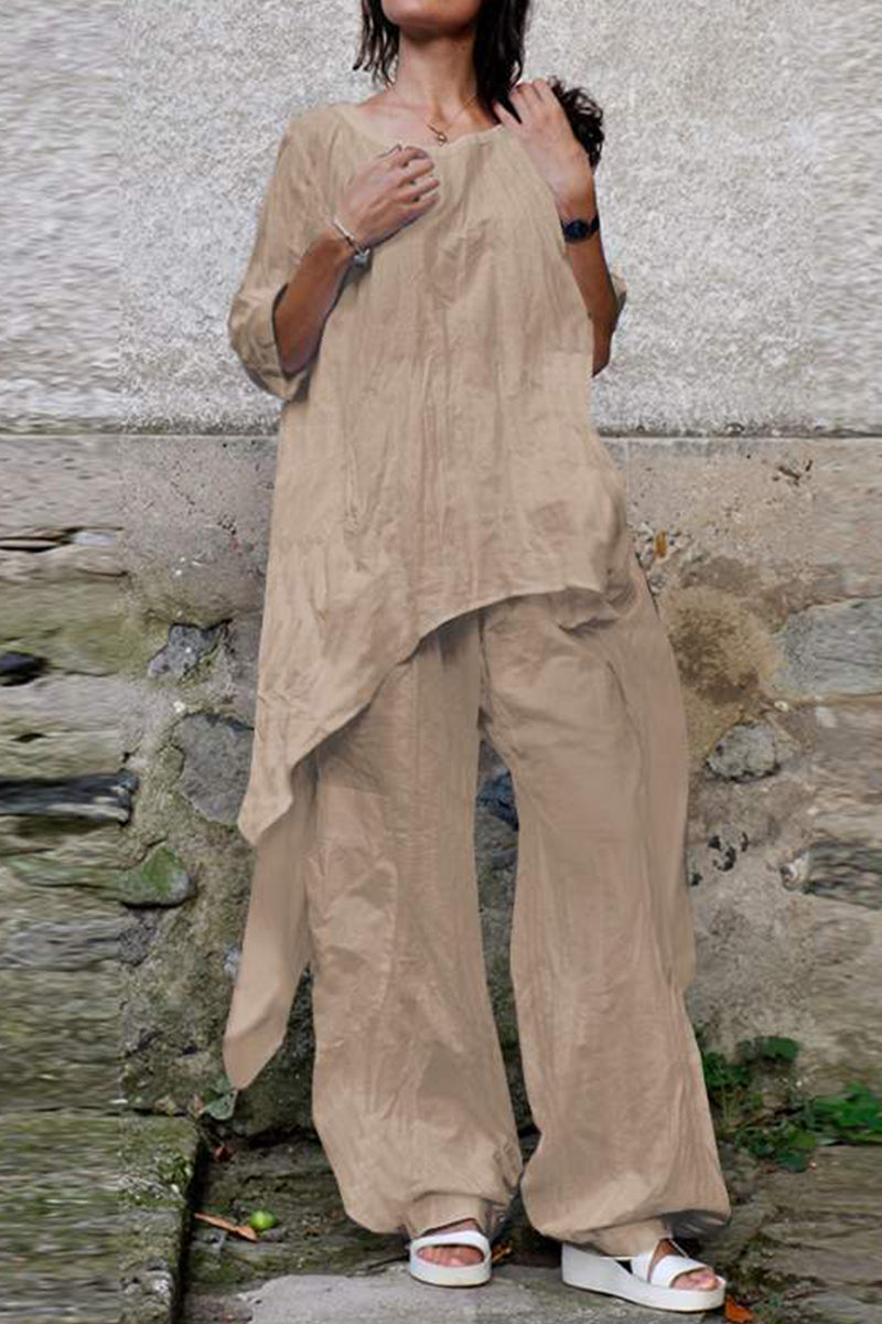 Casual Simplicity Solid Asymmetrical O Neck Three Quarter Two Pieces