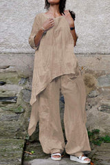Casual Simplicity Solid Asymmetrical O Neck Three Quarter Two Pieces