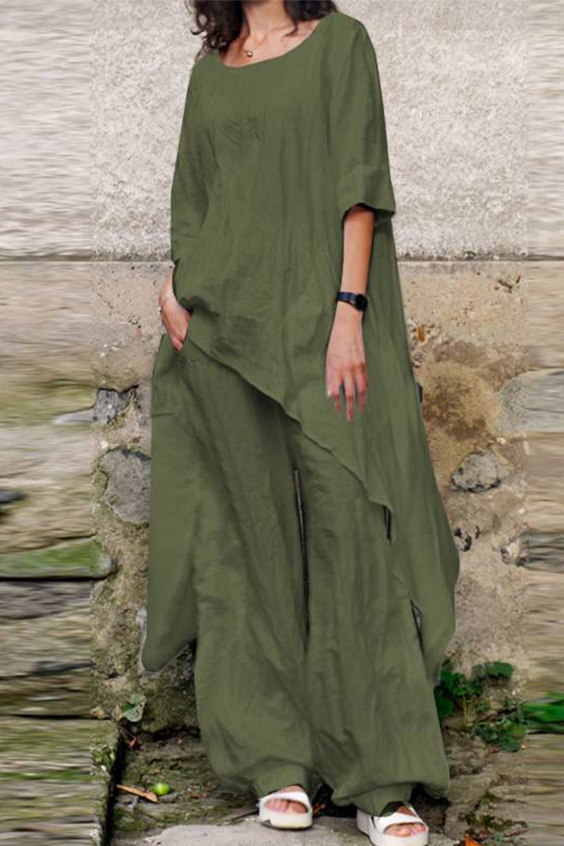 Casual Simplicity Solid Asymmetrical O Neck Three Quarter Two Pieces