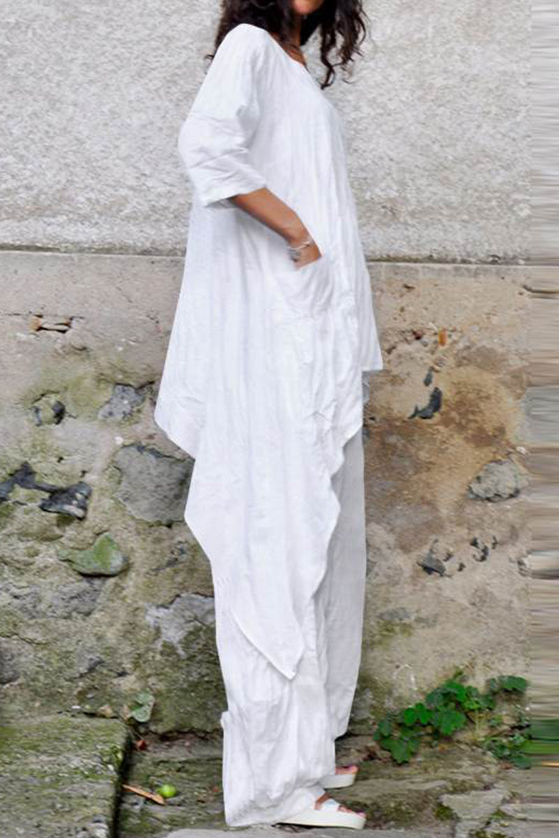 Casual Simplicity Solid Asymmetrical O Neck Three Quarter Two Pieces