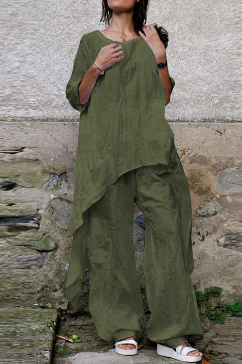 Casual Simplicity Solid Asymmetrical O Neck Three Quarter Two Pieces