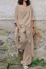 Casual Simplicity Solid Asymmetrical O Neck Three Quarter Two Pieces