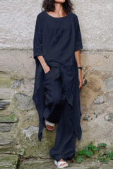 Casual Simplicity Solid Asymmetrical O Neck Three Quarter Two Pieces