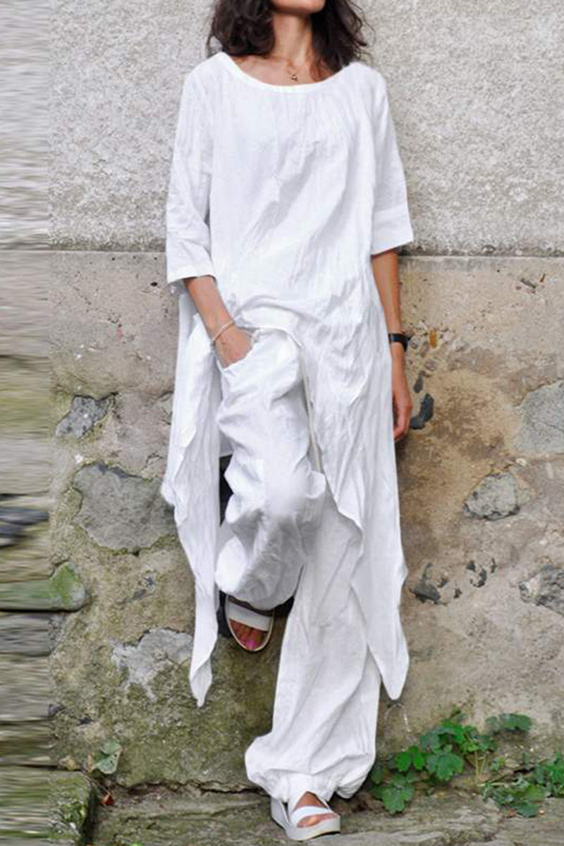 Casual Simplicity Solid Asymmetrical O Neck Three Quarter Two Pieces