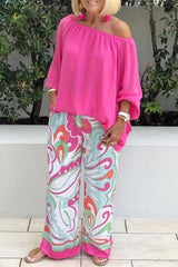 Casual British Style Print Patchwork Off the Shoulder Long Sleeve Two Pieces
