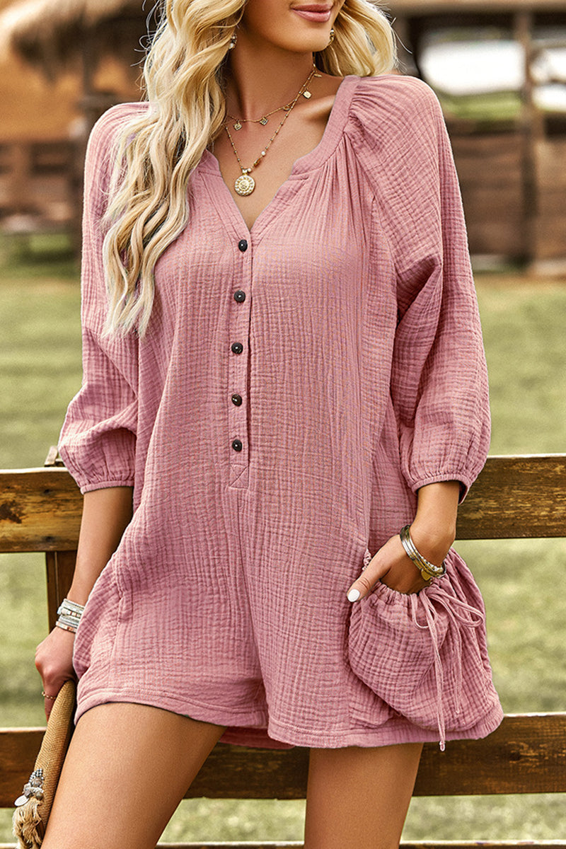 Casual Simplicity Solid Pocket Buckle O Neck Loose Jumpsuits(4 Colors)