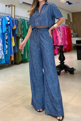 Casual Simplicity Solid Turndown Collar Short Sleeve Two Pieces