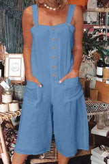 Casual Daily Solid Pocket Buttons Square Collar Loose Jumpsuits