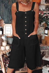 Casual Daily Solid Pocket Buttons Square Collar Loose Jumpsuits
