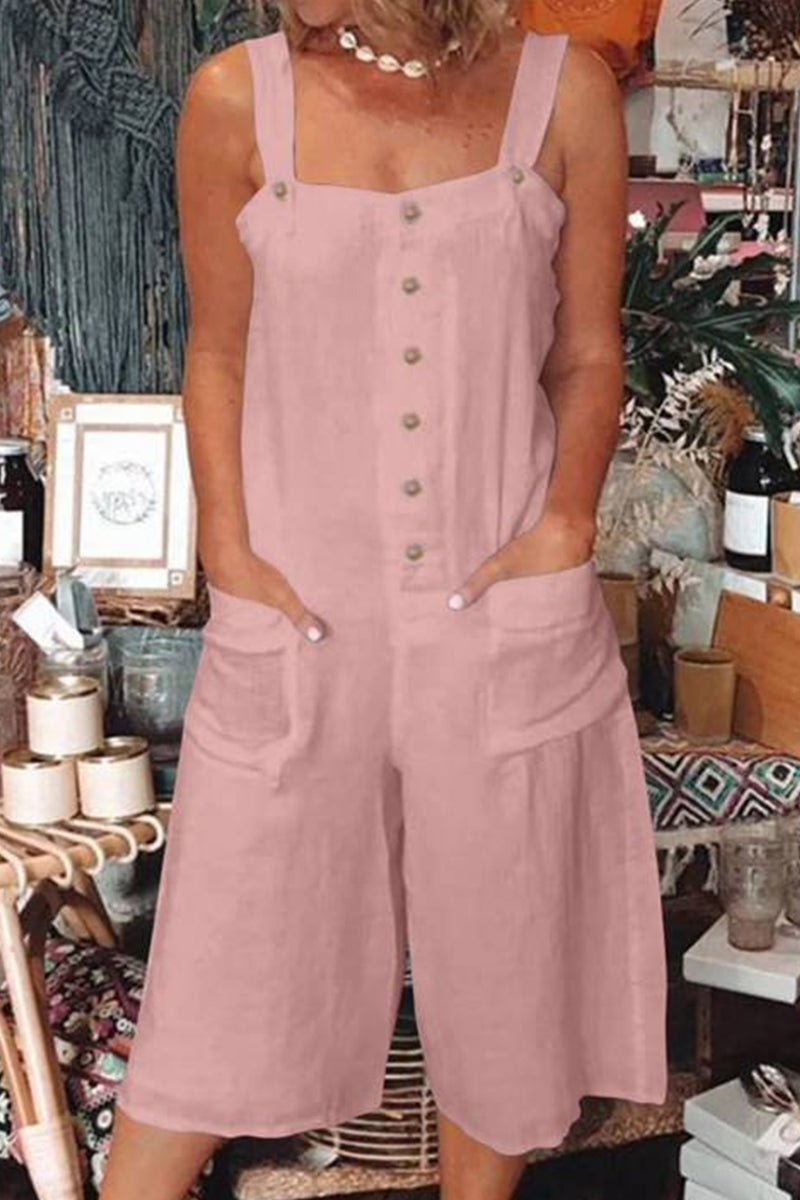Casual Daily Solid Pocket Buttons Square Collar Loose Jumpsuits