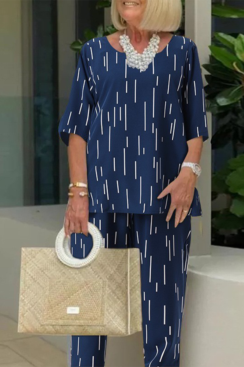 Casual Daily Striped Print Patchwork O Neck Half Sleeve Two Pieces