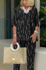 Casual Daily Striped Print Patchwork O Neck Half Sleeve Two Pieces