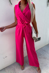 Casual British Style Solid Pocket Frenulum V Neck Regular Jumpsuits