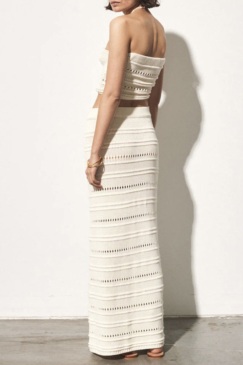 Vacation Solid Hollowed Out Strapless Sleeveless Two Pieces