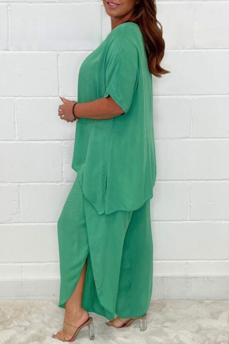 Plus Size Casual Solid Asymmetrical O Neck Short Sleeve Two Pieces