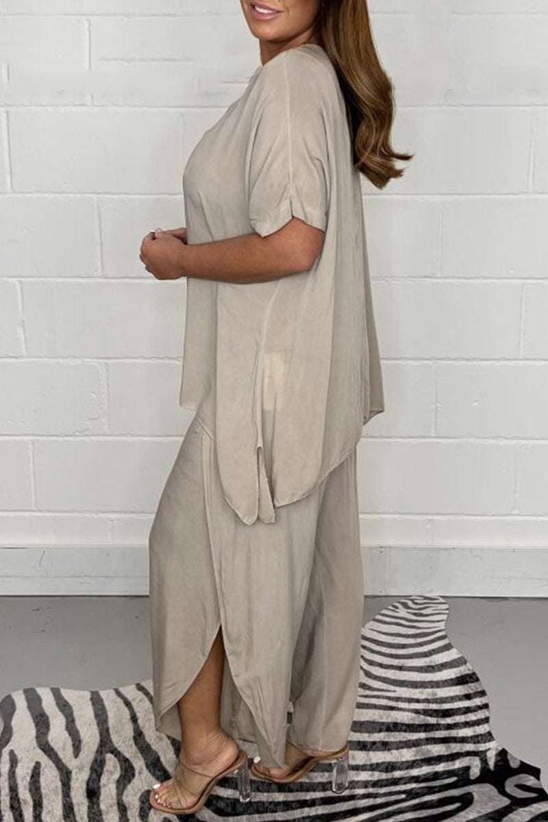 Plus Size Casual Solid Asymmetrical O Neck Short Sleeve Two Pieces