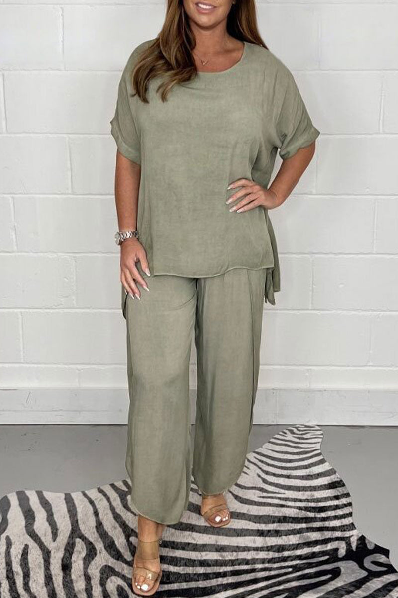 Plus Size Casual Solid Asymmetrical O Neck Short Sleeve Two Pieces
