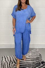 Plus Size Casual Solid Asymmetrical O Neck Short Sleeve Two Pieces