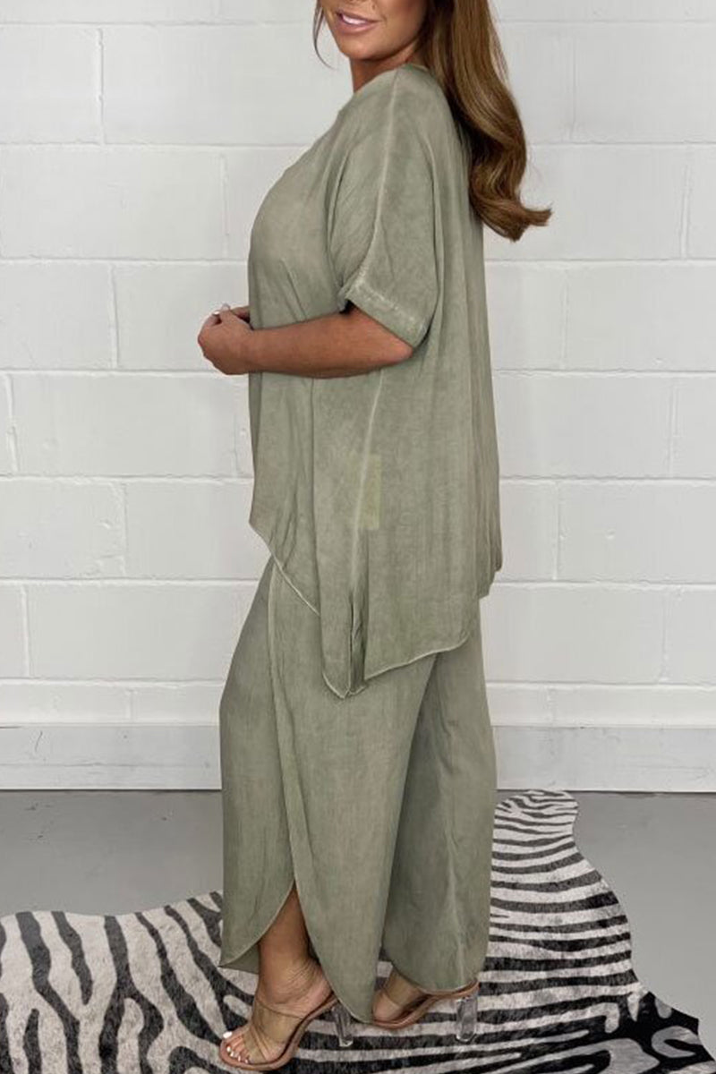 Plus Size Casual Solid Asymmetrical O Neck Short Sleeve Two Pieces