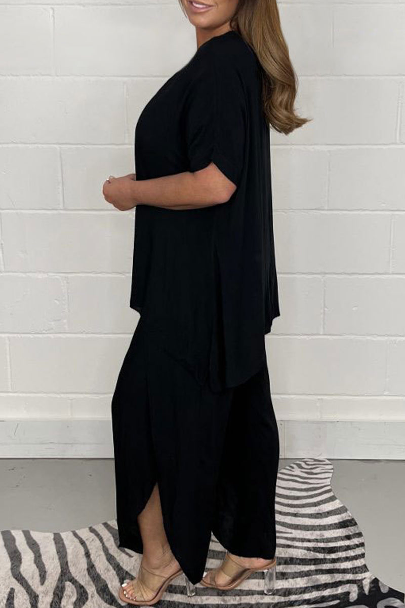 Plus Size Casual Solid Asymmetrical O Neck Short Sleeve Two Pieces